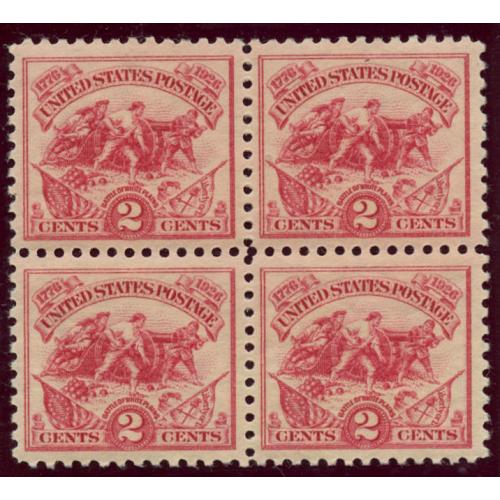 #629 2¢ White Plains, 150th Anniversary, Carmine Rose, Block of 4