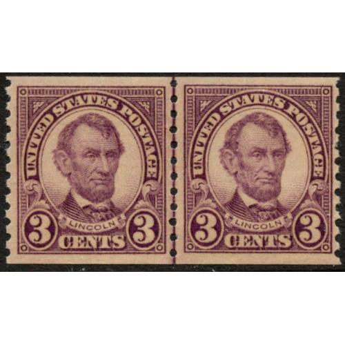 #600 3¢ Abraham Lincoln, Purple, Coil Line Pair NH