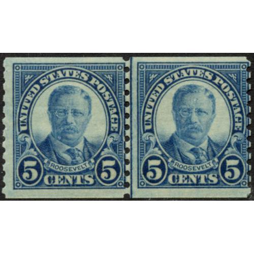 #602 5¢ Theodore Roosevelt, Dark Blue, Coil Line Pair Never Hinged