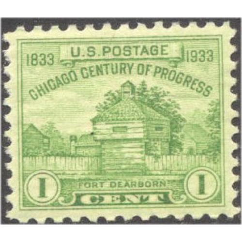 #728 1¢ Chicago Fort Dearborn, Yellow Green