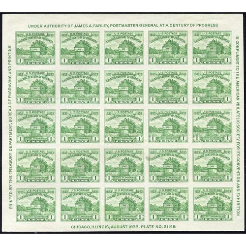 #730 Chicago Imperforate Souvenir Sheet of 25, Small Defect
