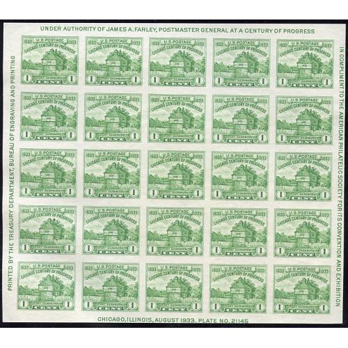 #730 Chicago Imperforate Souvenir Sheet of 25, Small Defect