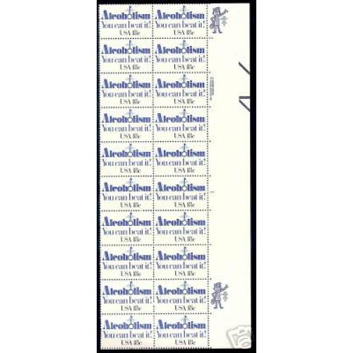 #1927 Alcoholism, Plate Block Strip of 20