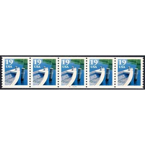 #2529 Fishing Boat, PNC Plate Number Coil Strip of 5, #A2424