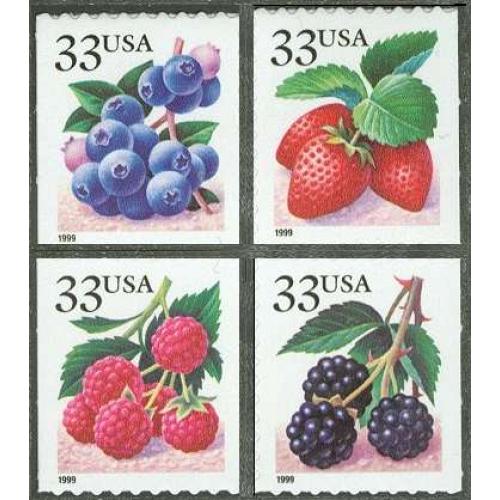 #3298-3301 Fruit & Berries, Set of 4 Singles, 9½x10 1999 Year Date