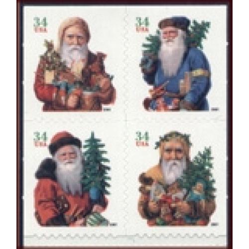 #3544b Santas, Pane of Four from Vending Book