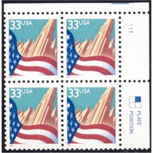 #3277 Flag over City, Red Date - Water-Activated Plate Block