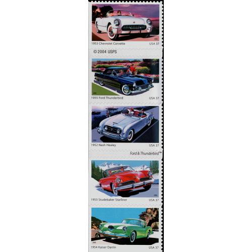 #3935a Sporty Cars of the 1950s, Vertical Strip of Five Stamps