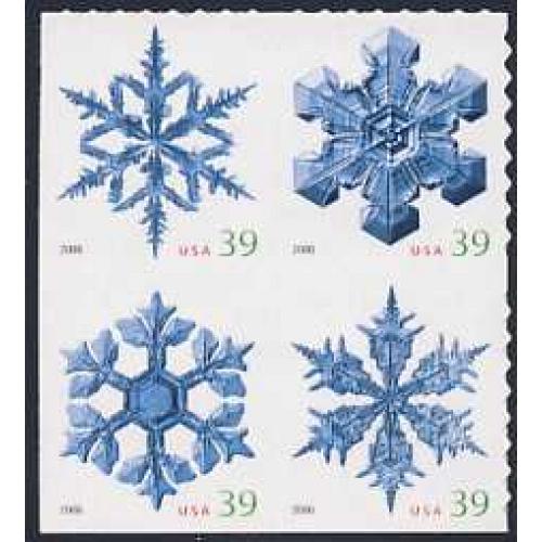 #4116a Snowflakes, Block of Four from ATM Pane of 18 Stamps
