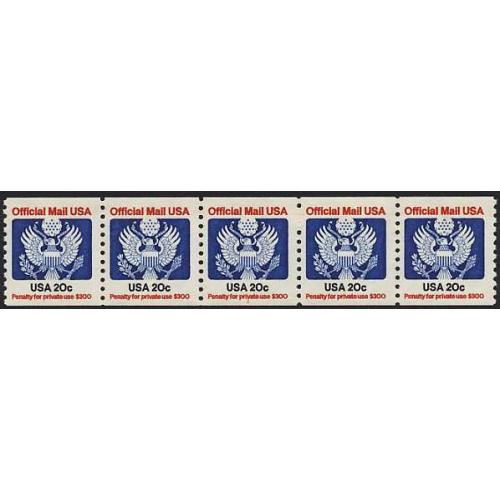 #O135 20¢ Official Mail, PNC Plate Number Coil Strip of 5, #1