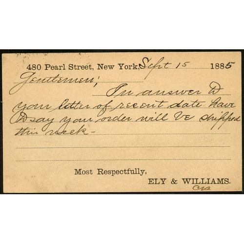 Postal Card Canceled NEW YORK, SEP 15, 1885