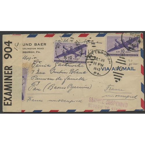 Censored To Unoccupied France, Hand Stamped "SERVICE SUSPENDED"