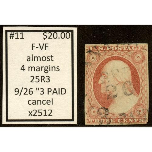 #11 3¢ Washington, Fine - Very Fine, 3 PAID Cancel, 25R3