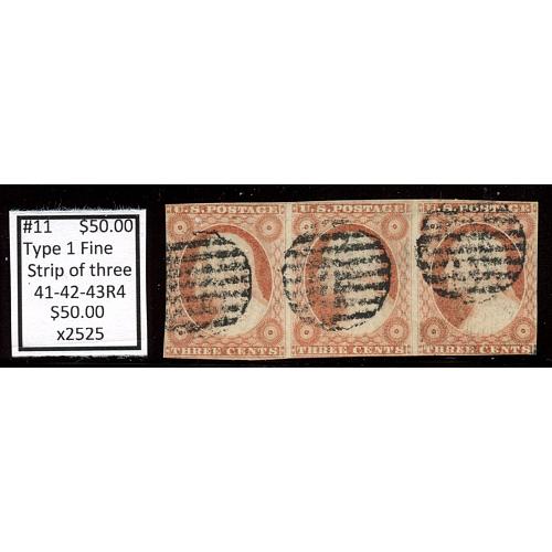 #11 3¢ Washington, Fine Type 1, Strip of Three, 41-42-43-R4