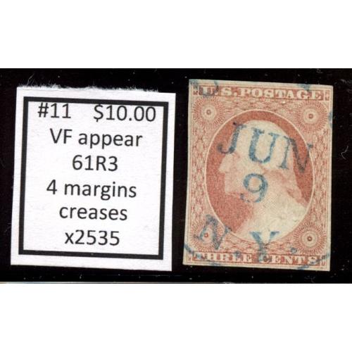 #11 3¢ Washington, Very Fine Appearance, Four Margins, Creases 61R3