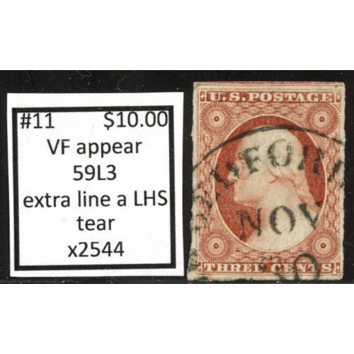 #11 3¢ Washington, Very Fine Appearance, 59L3