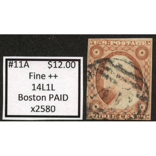 #11A 3¢ Washington, Fine++, Boston Paid, 14L1L