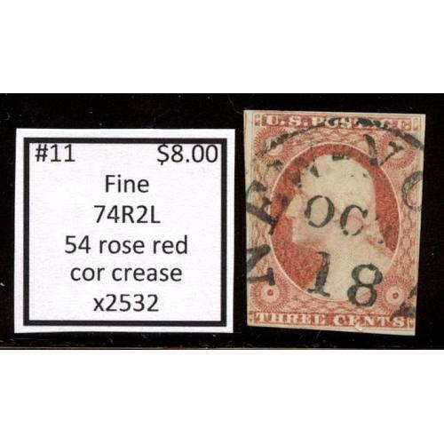 #11 3¢ Washington, Fine '54 Rose Red, 74R2L
