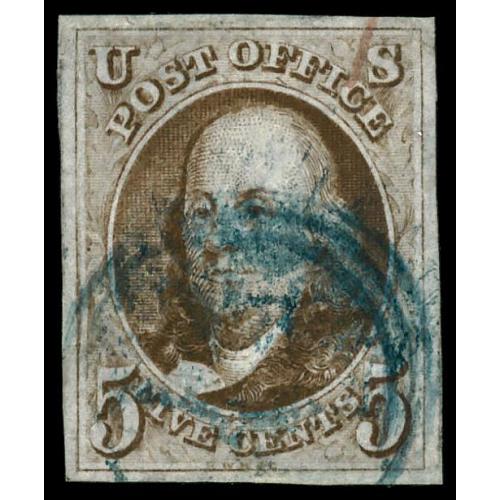 # 1 Benjamin Franklin 5¢, Red Brown, Blue Cancel, VF to EF