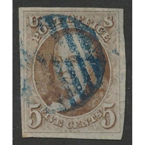 # 1 Benjamin Franklin, 5¢ Red Brown, Blue Grid Cancel, Large Margins