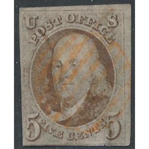 # 1 Benjamin Franklin, 5¢ Red Grid & Pen Cancel, Repaired Small Thin