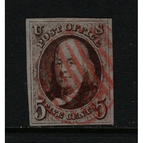 # 1 Benjamin Franklin, 5¢ Red Brown, Red Grid Cancel, VF Four Margins
