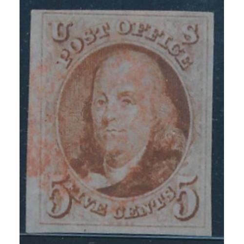 # 1 Benjamin Franklin, 5¢ Red Cancel, Four Margins, VF-XF